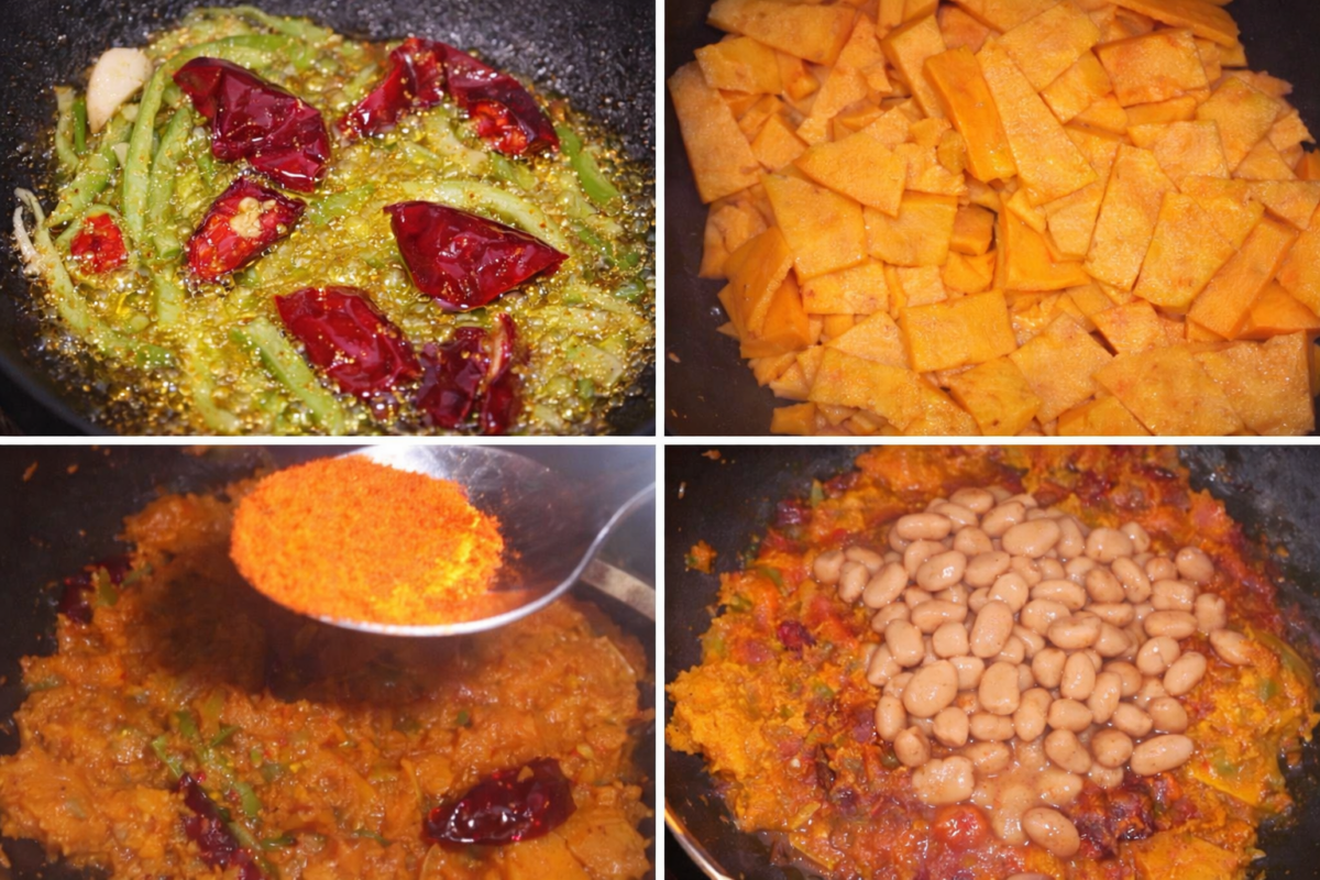 collage preparazione zuppa di zucca e fagioli passo passo