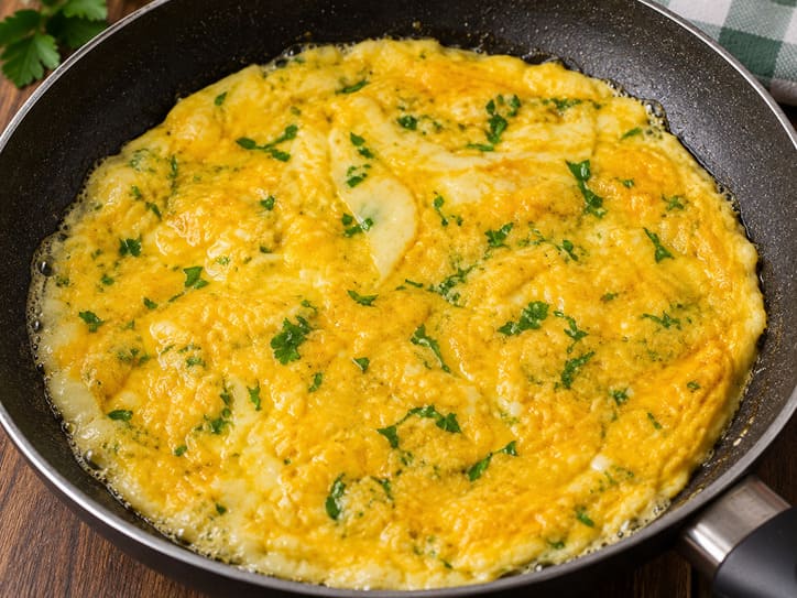 Frittatina sottile preparata in padella per il rollè di tacchino