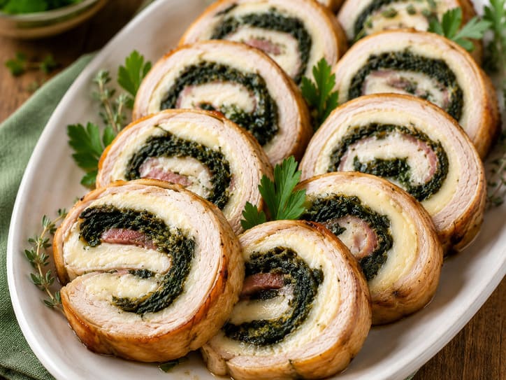 Rollè di tacchino ripieno con frittata, spinaci e prosciutto