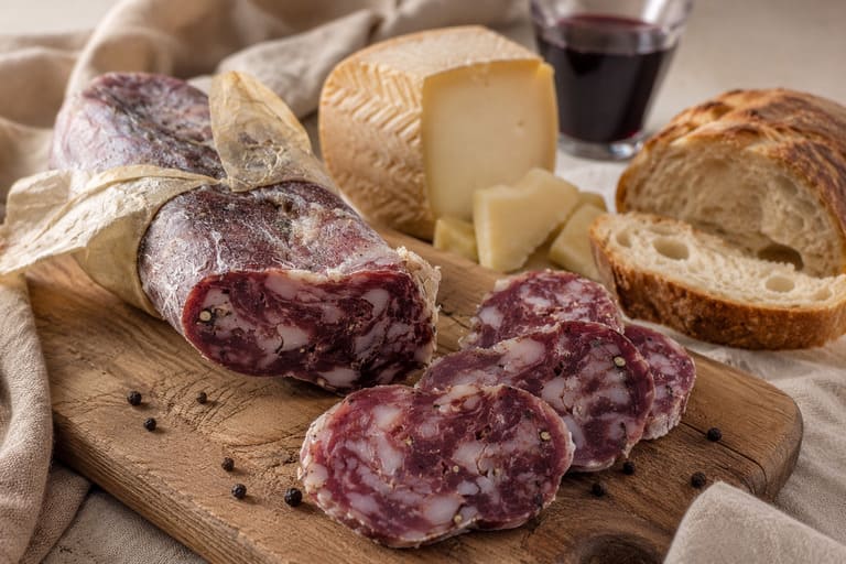 Soppressata bianca calabrese servita con pane e formaggio.