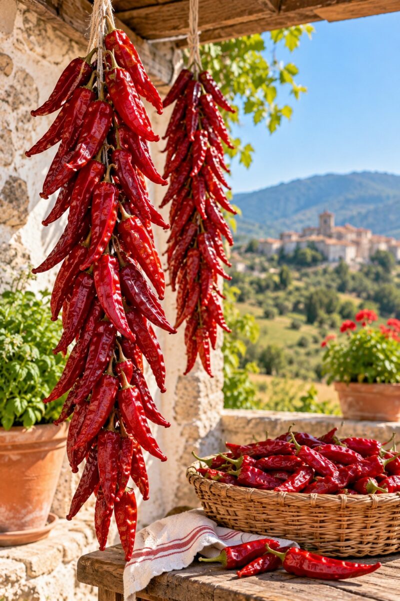 Peperoncini di Calabria appesi per l’essiccazione naturale
