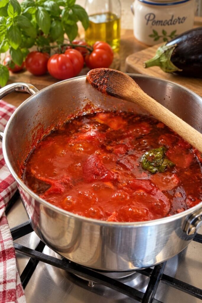 Sugo di pomodoro fatto in casa con basilico per la pasta e melanzane