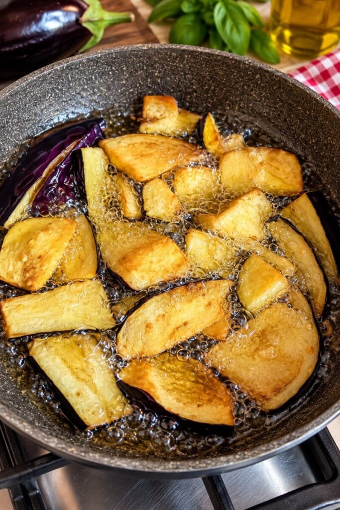 Melanzane fritte dorate per preparare la pasta e melanzane della nonna