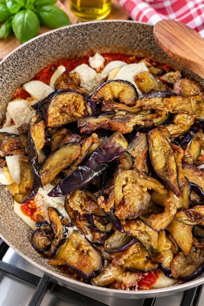 Melanzane fritte con formaggio e ingredienti per condire la pasta