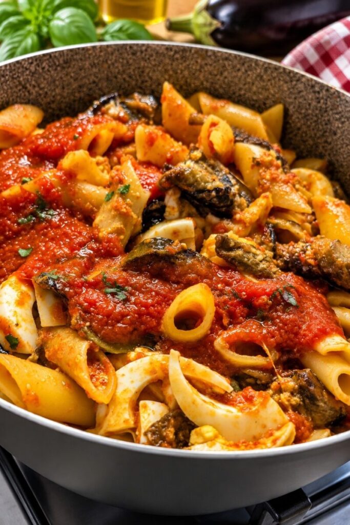 Pasta con melanzane, sugo di pomodoro e formaggio filante