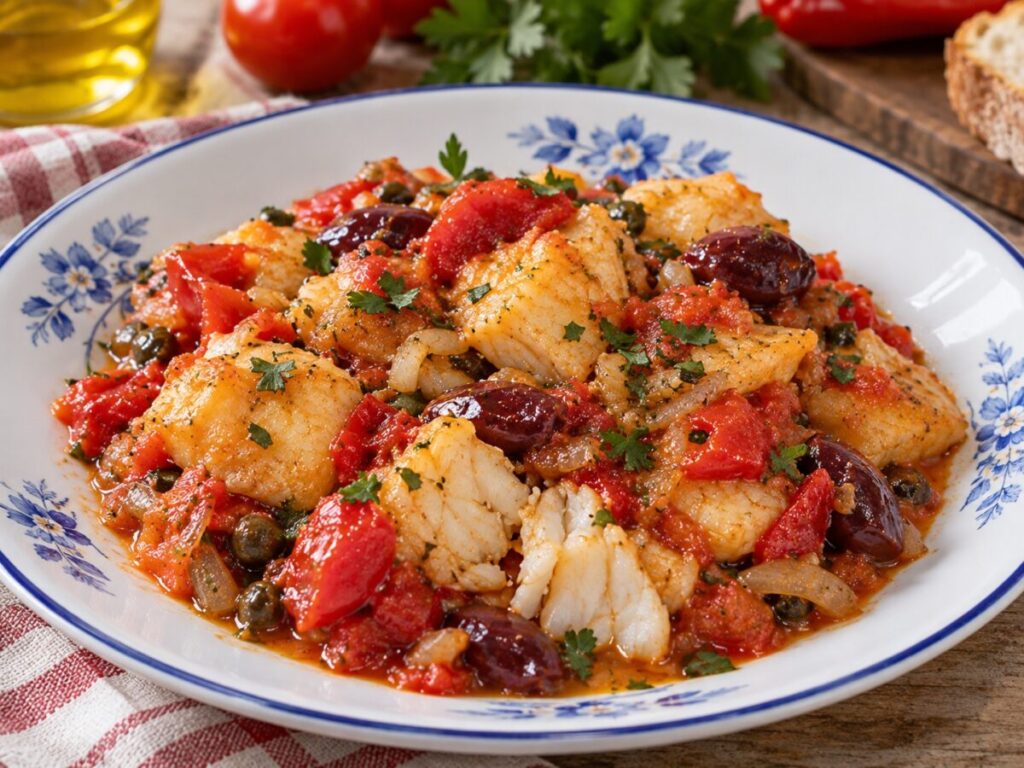 Baccalà in umido con pomodorini e peperoni