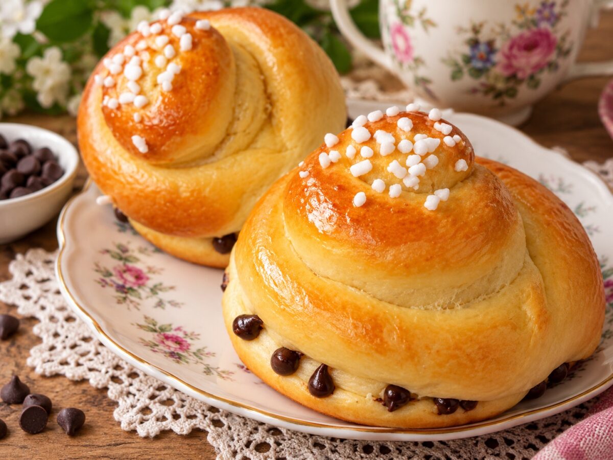 Brioche arrotolate soffici e dorate con gocce di cioccolato