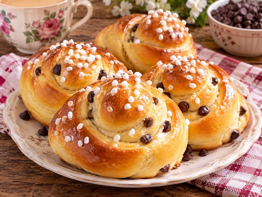 Brioche arrotolate soffici con gocce di cioccolato e granella di zucchero