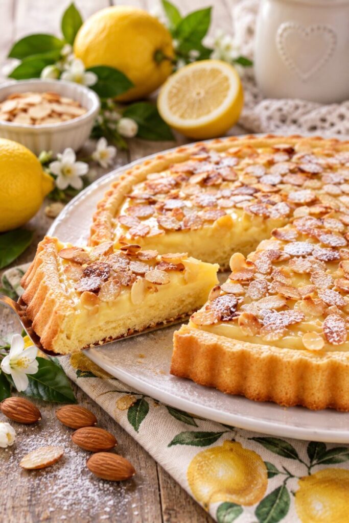 Crostata con crema di limone e mandorle con crema al limone, mandorle e zucchero a velo