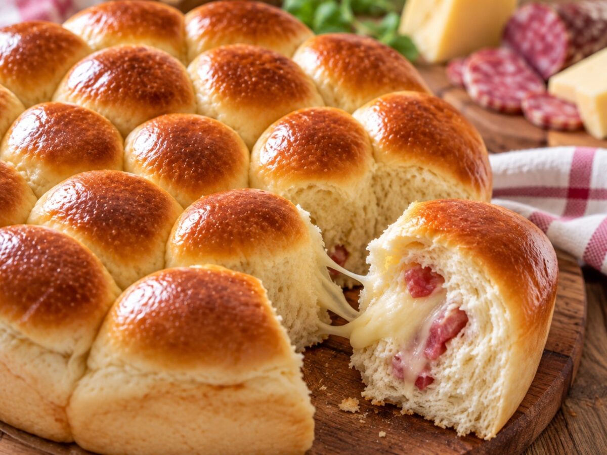 Danubio salato appena sfornato con ripieno di salame e formaggio