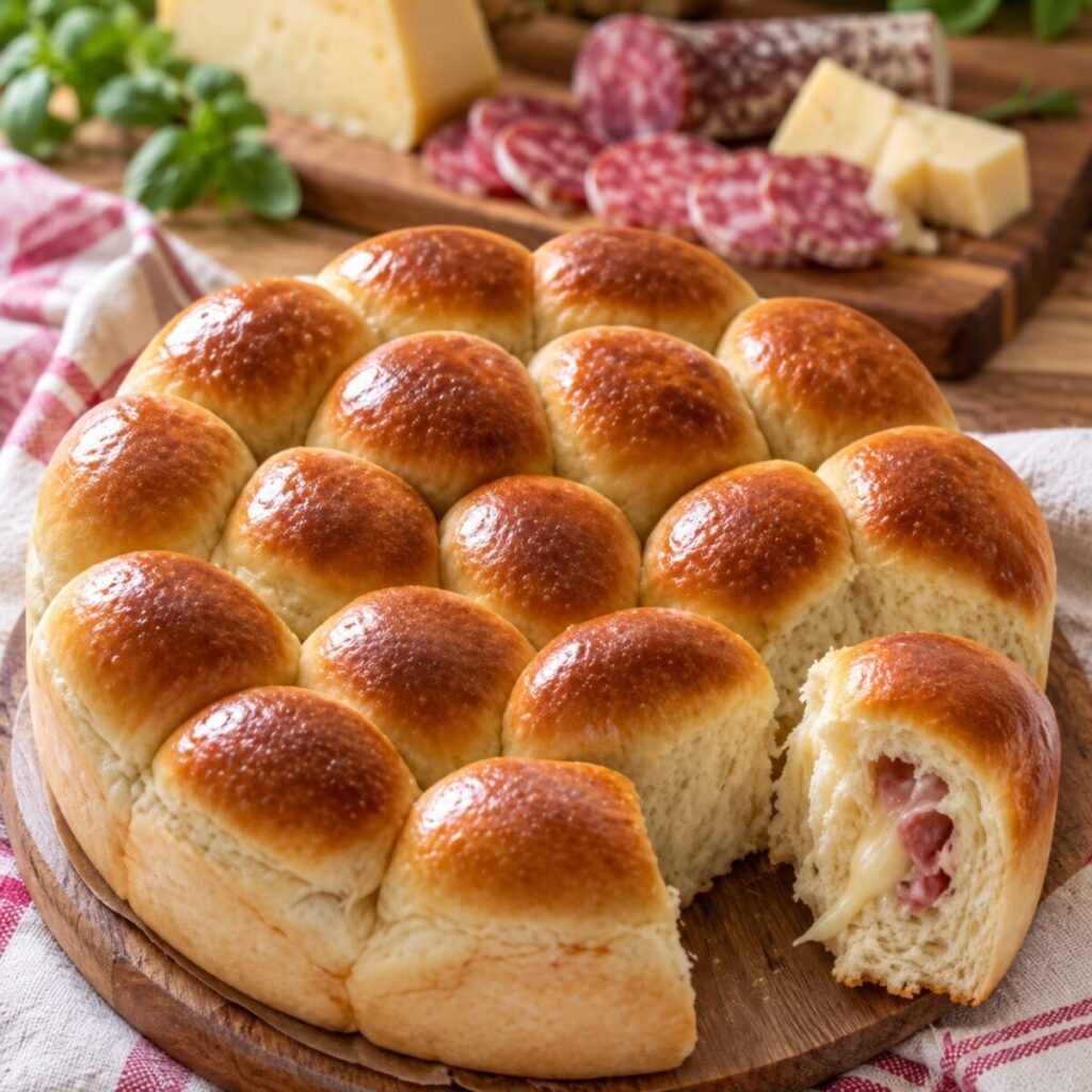 Danubio salato: soffice brioche ripiena di salame e formaggio