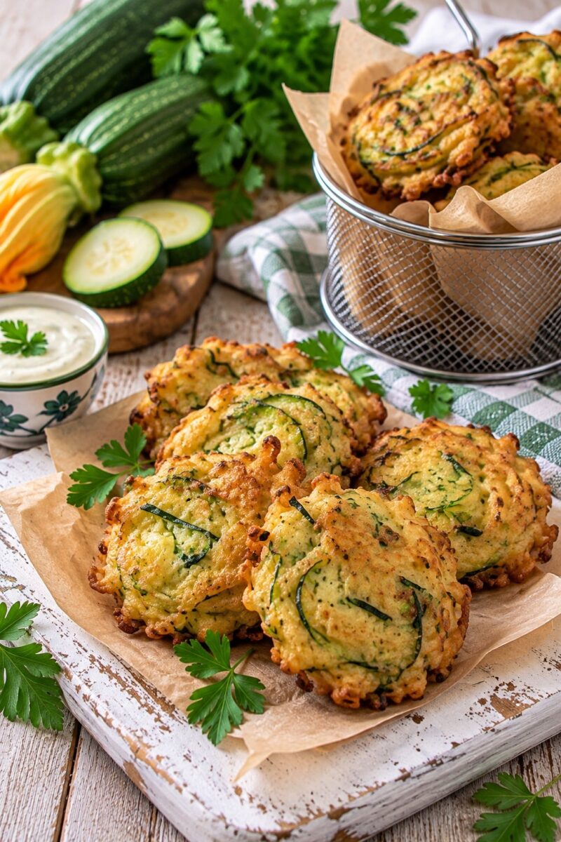 Frittelle di zucchine con talli e patata appena fritte