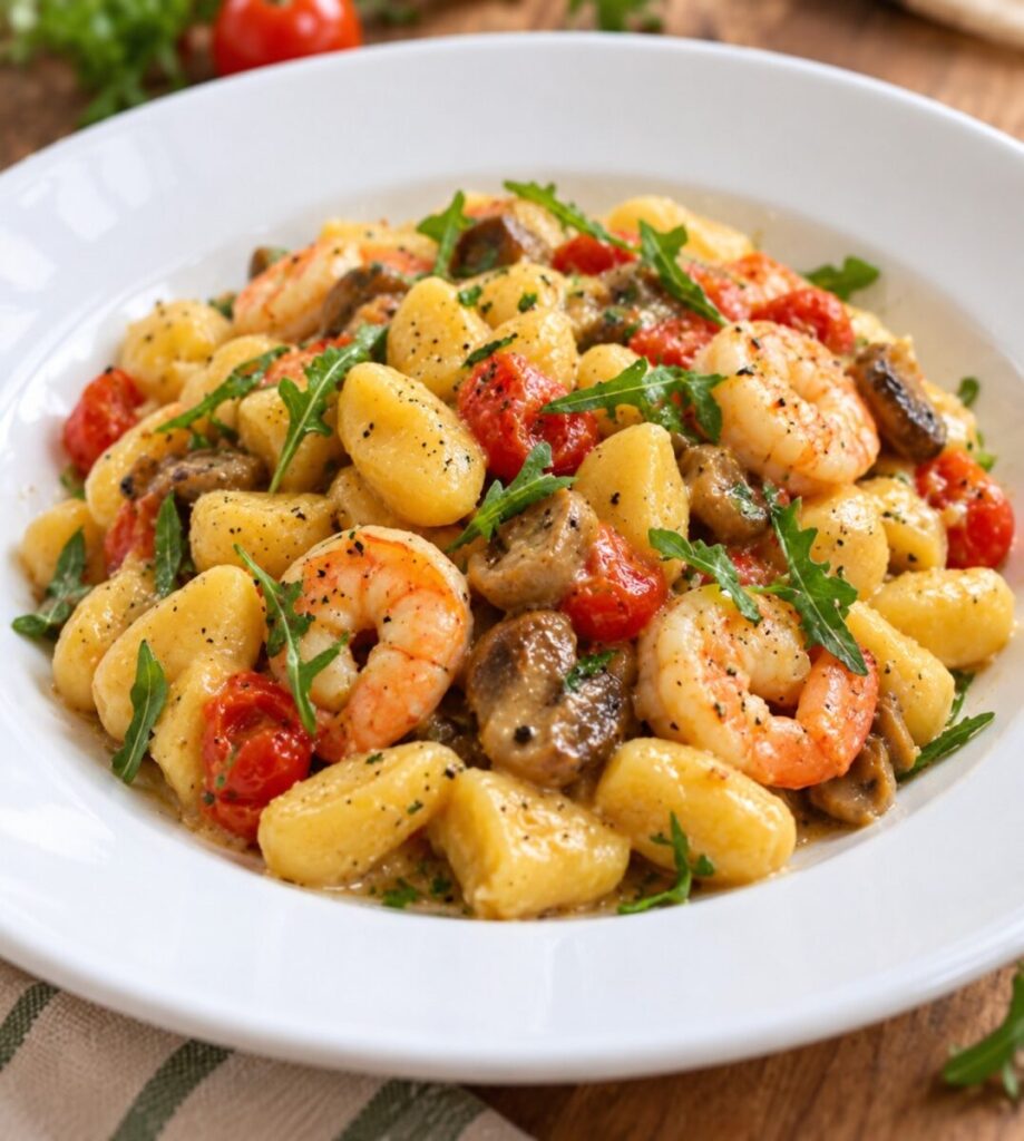 Gnocchetti con gamberi, funghi e pomodorini cremosi