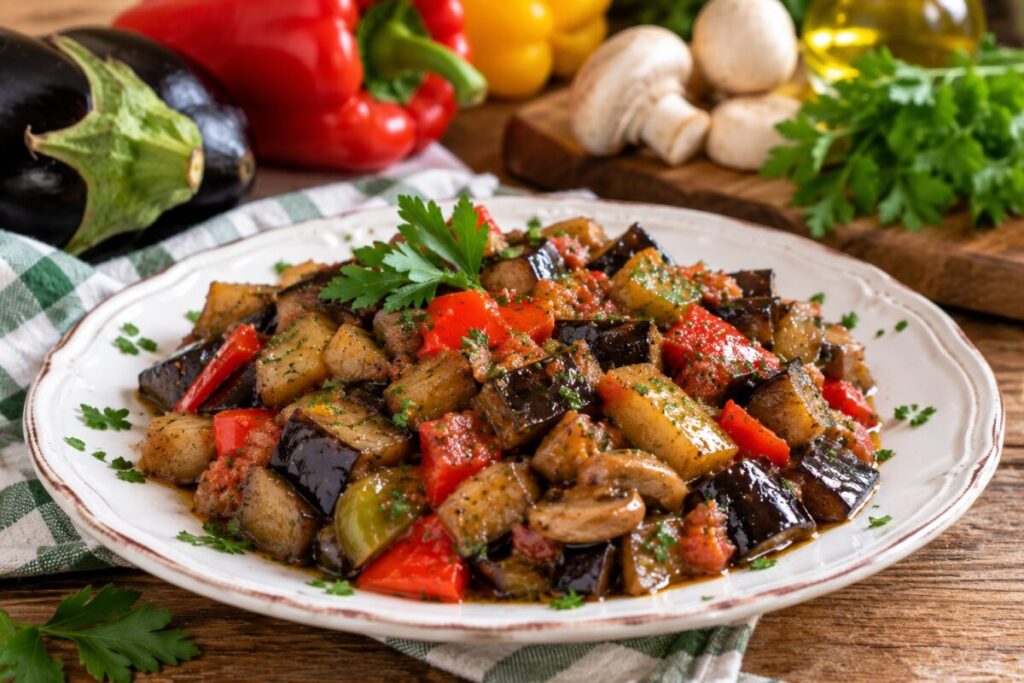melanzane peperoni e funghi nel piatto