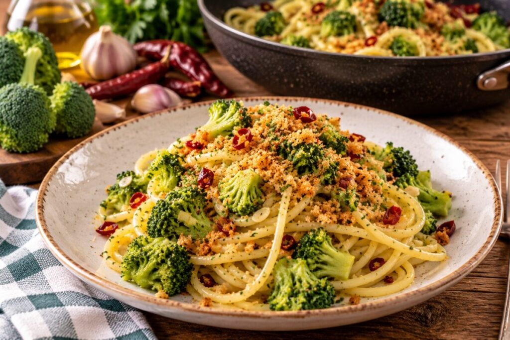 Pasta e broccoli con mollica croccante e peperoni cruschi