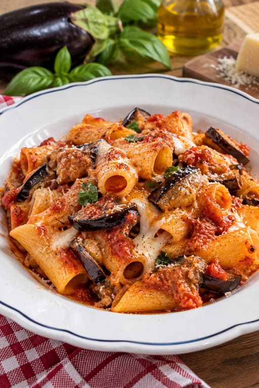Pasta e melanzane della nonna con melanzane fritte, pomodoro e formaggio filante