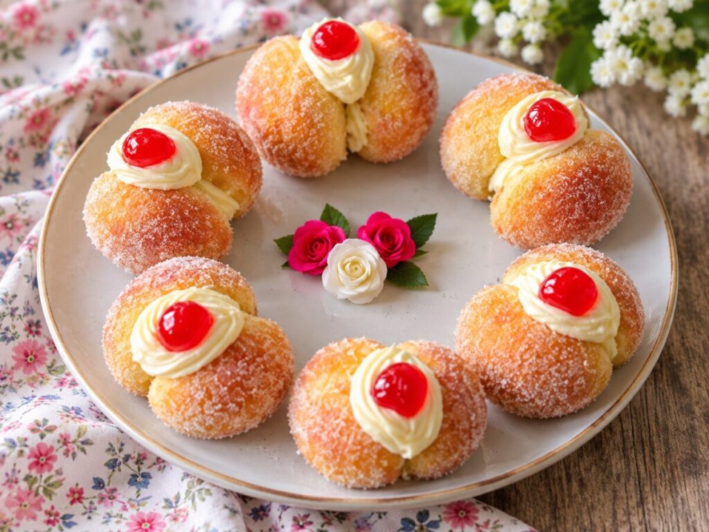 Pesche dolci con crema pasticcera e ciliegia candita, presentazione finale