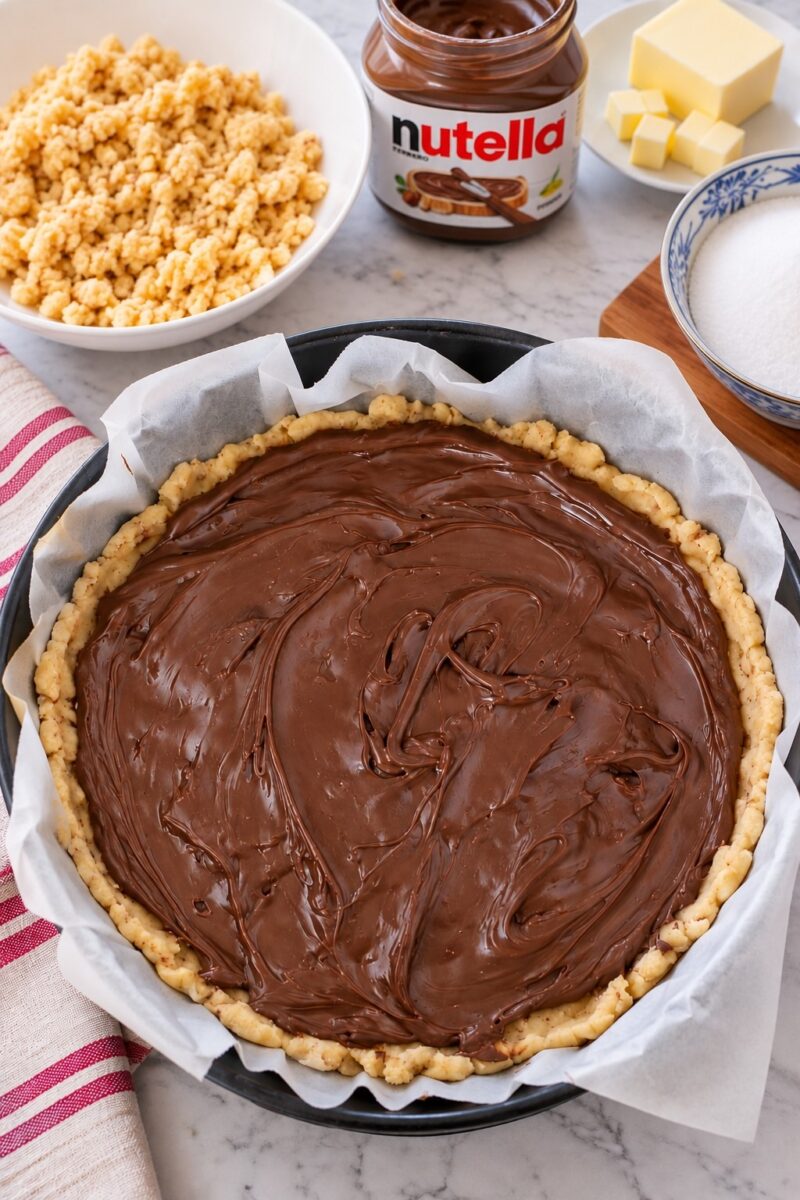 Nutella distribuita sulla base della sbriciolata