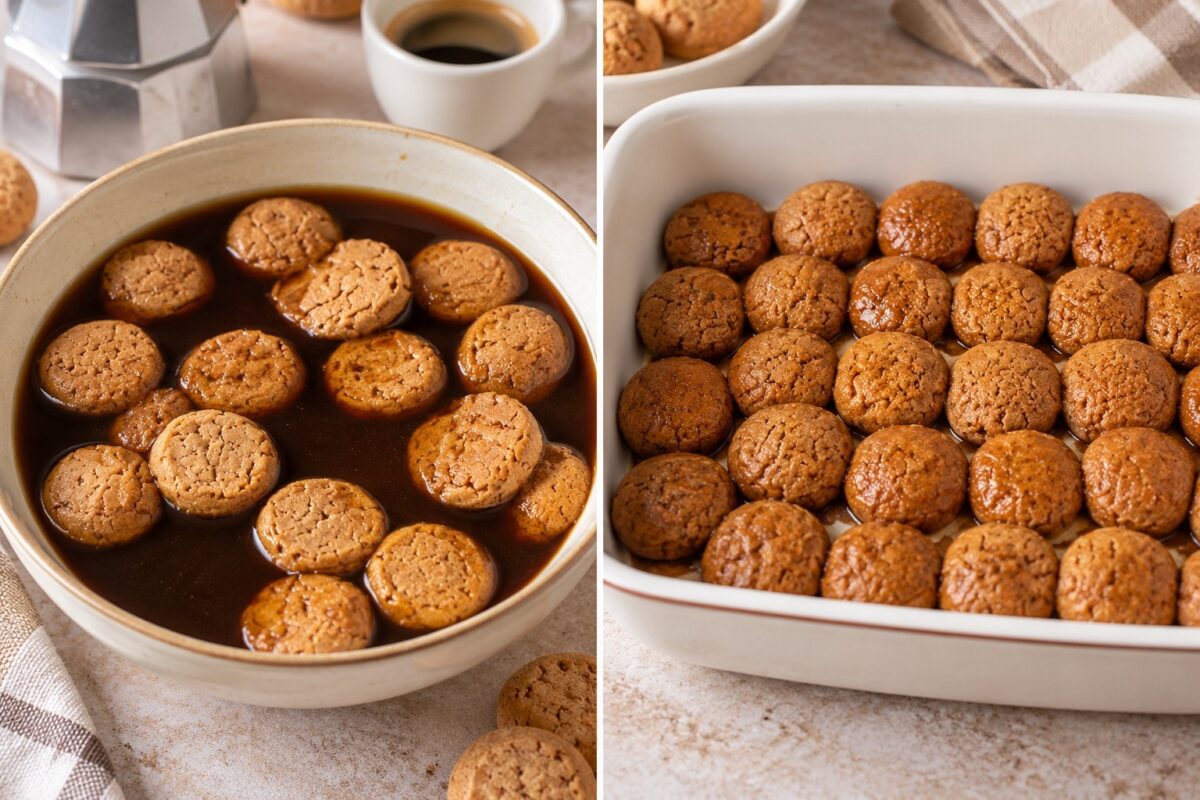 Amaretti bagnati nel caffè per preparare il semifreddo agli amaretti e caffè