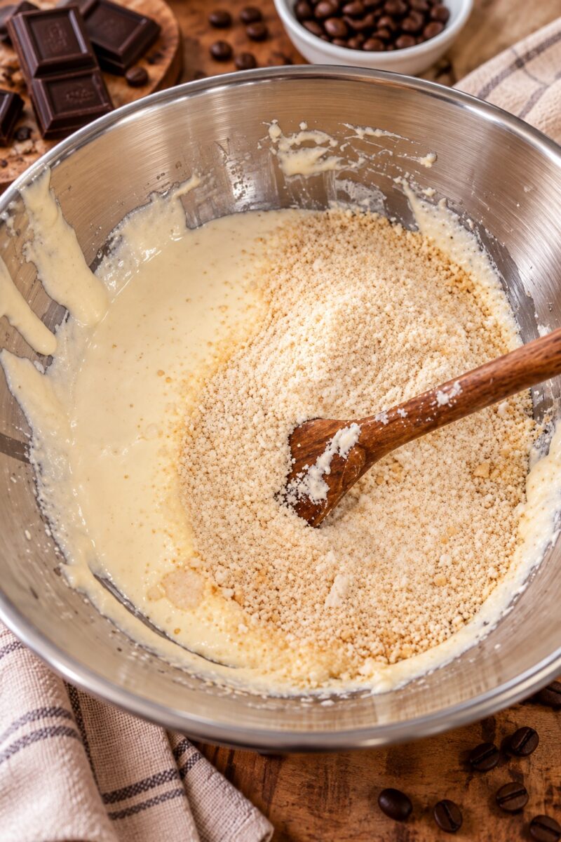 Preparazione dell'impasto della torta al cioccolato e caffè con farina di mandorle