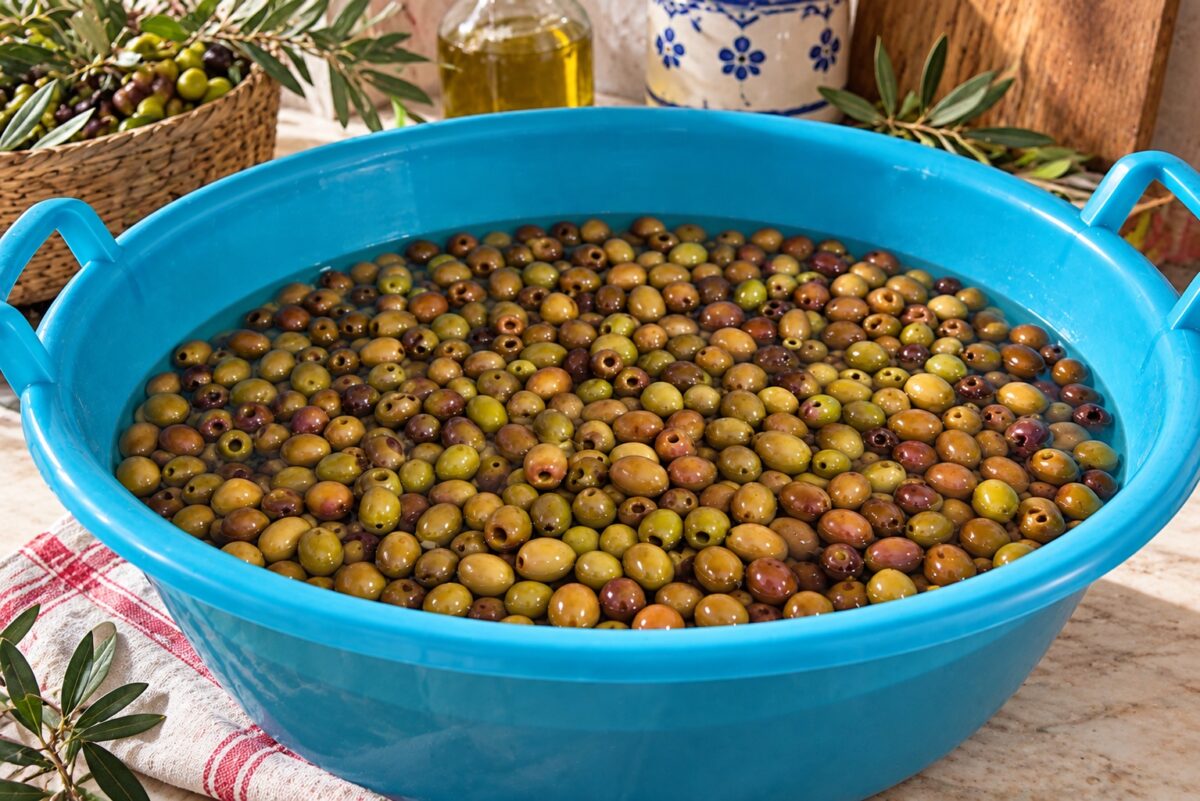 Olive immerse nell'acqua durante la fase di disamare