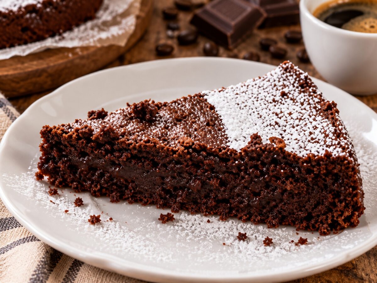 Fetta di torta al cioccolato e caffè spolverizzata con zucchero a velo
