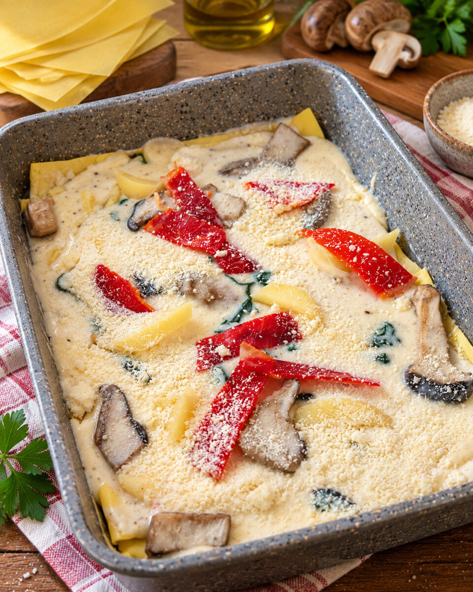Lasagne fresche alternate a besciamella, funghi cardoncelli, salame e formaggio