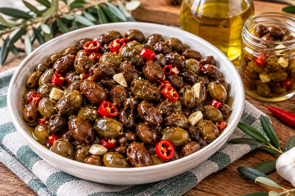 Olive schiacciate e condite nei barattoli