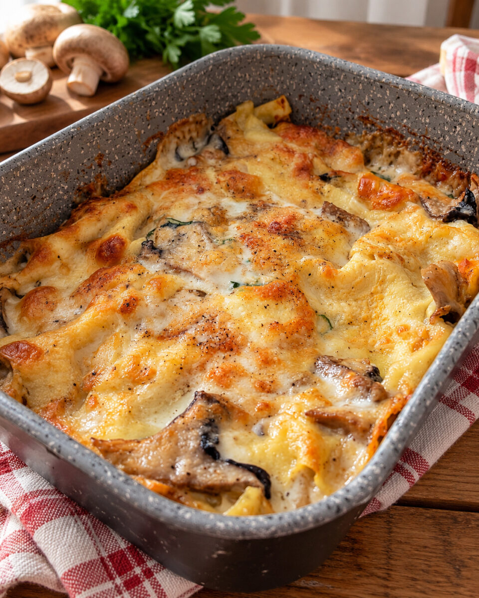 Lasagne ai funghi cardoncelli appena cotte, con superficie dorata e gratinata