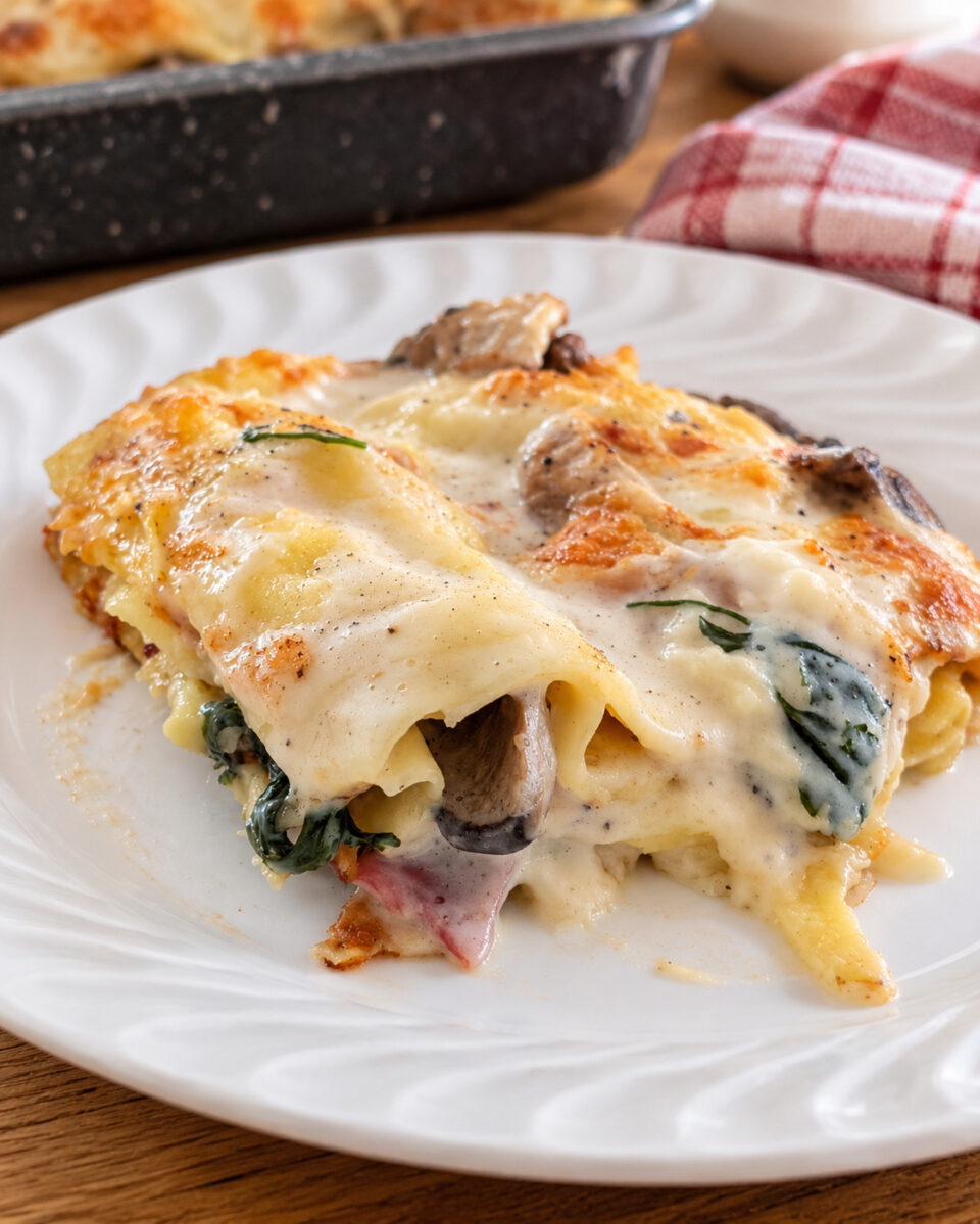 Porzione di lasagne ai funghi cardoncelli e salame spagnolo con besciamella cremosa