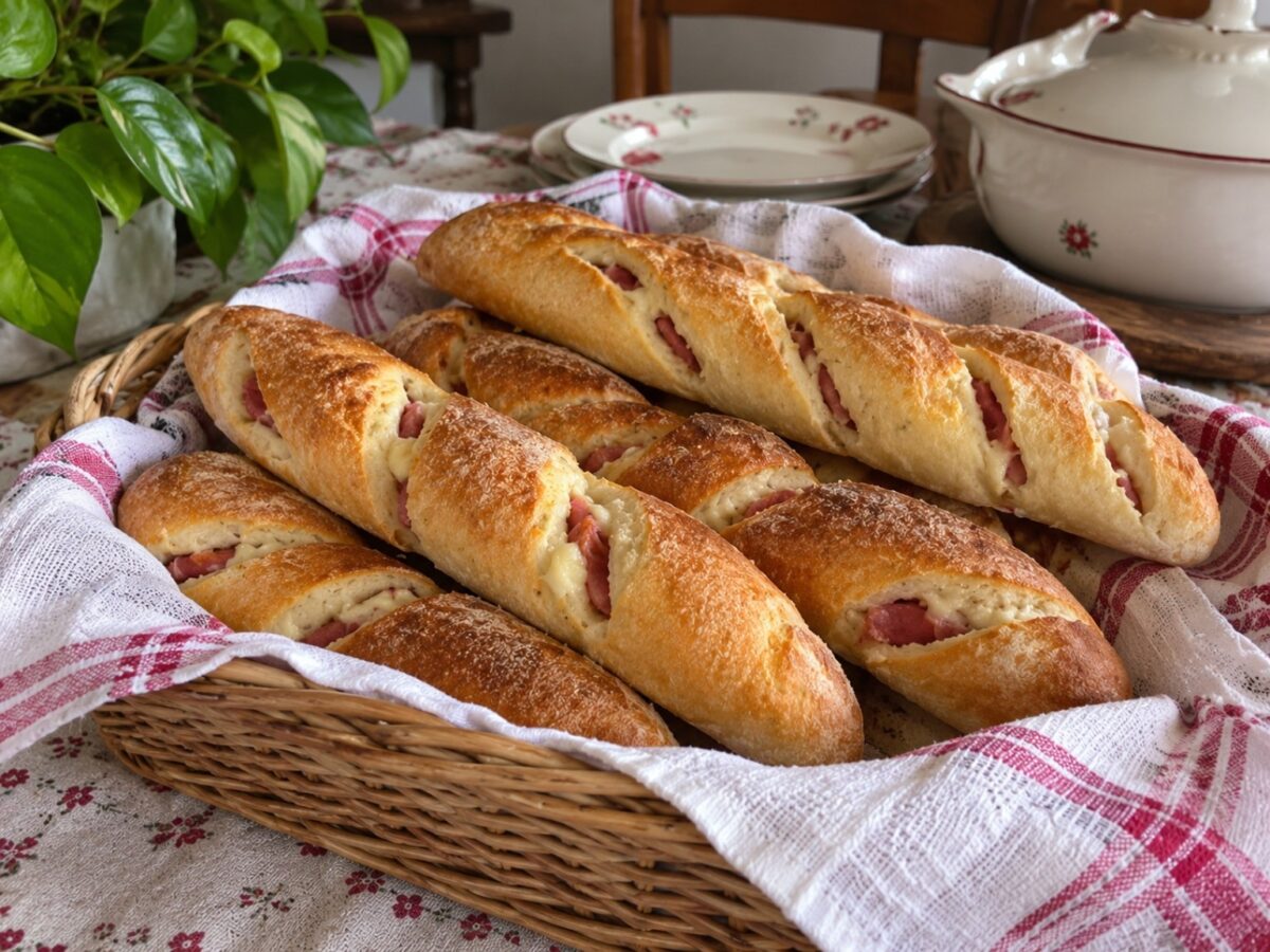 Baguettes farcite con prosciutto cotto, dorate e raccolte in un cestino con canovaccio a quadretti