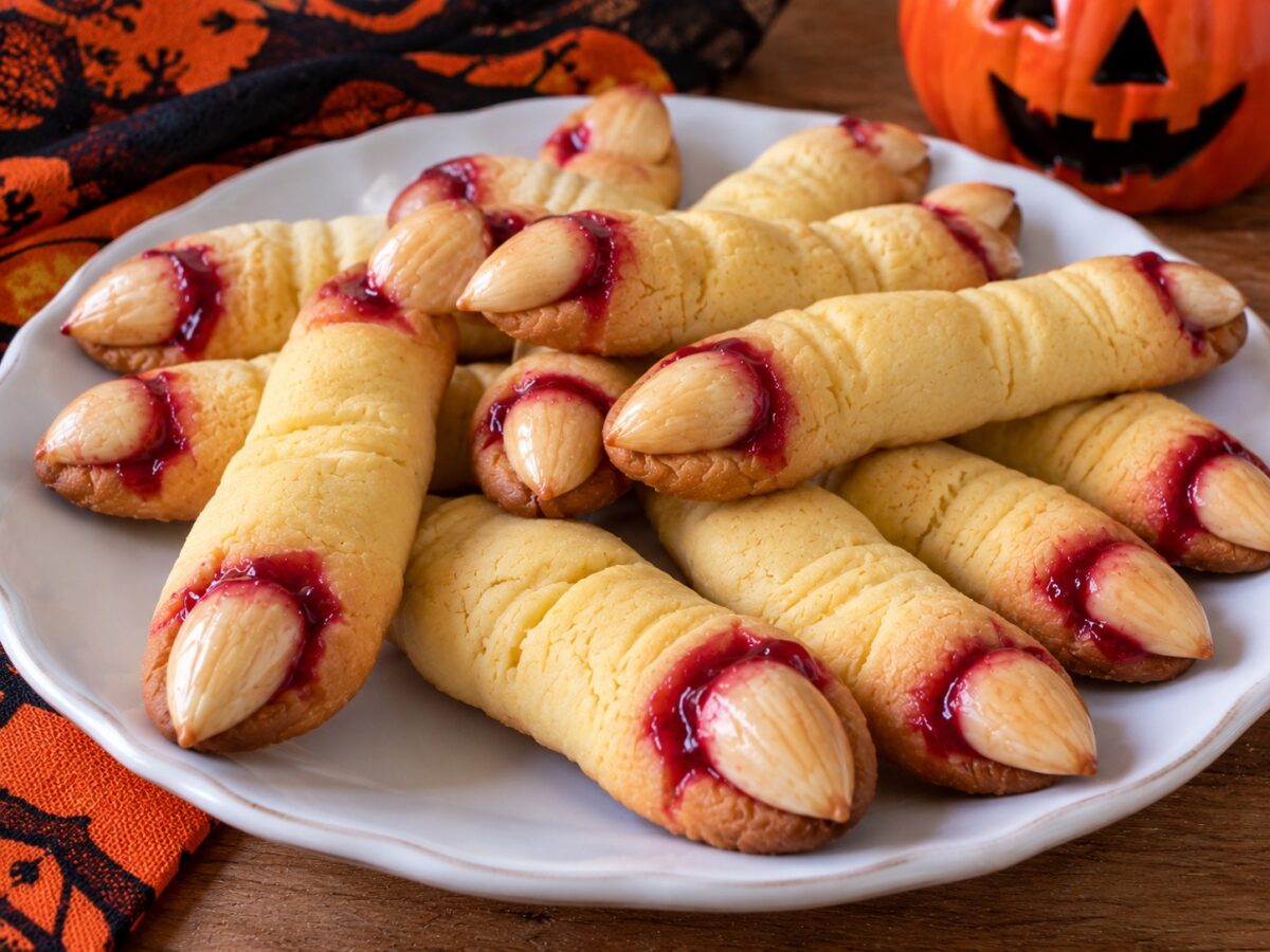 Biscotti dita della strega pronti per Halloween, decorati con mandorle e succo di amarene