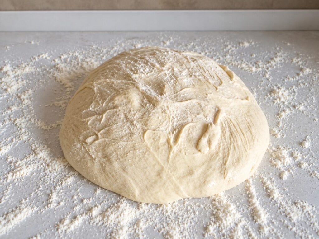 Porzioni di impasto per baguettes farcite con prosciutto cotto, divise e pronte per essere stese