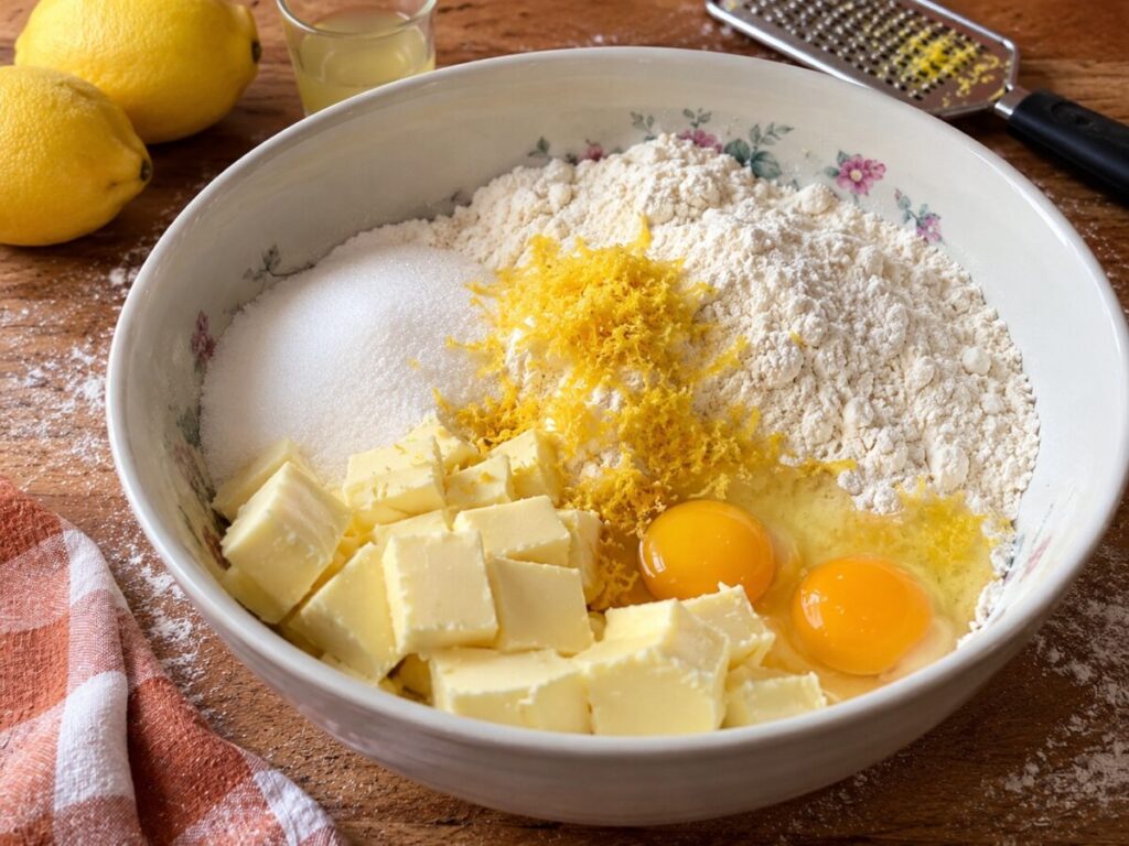 Ingredienti per preparare le dita della strega: farina, burro, uova, limoni e zucchero