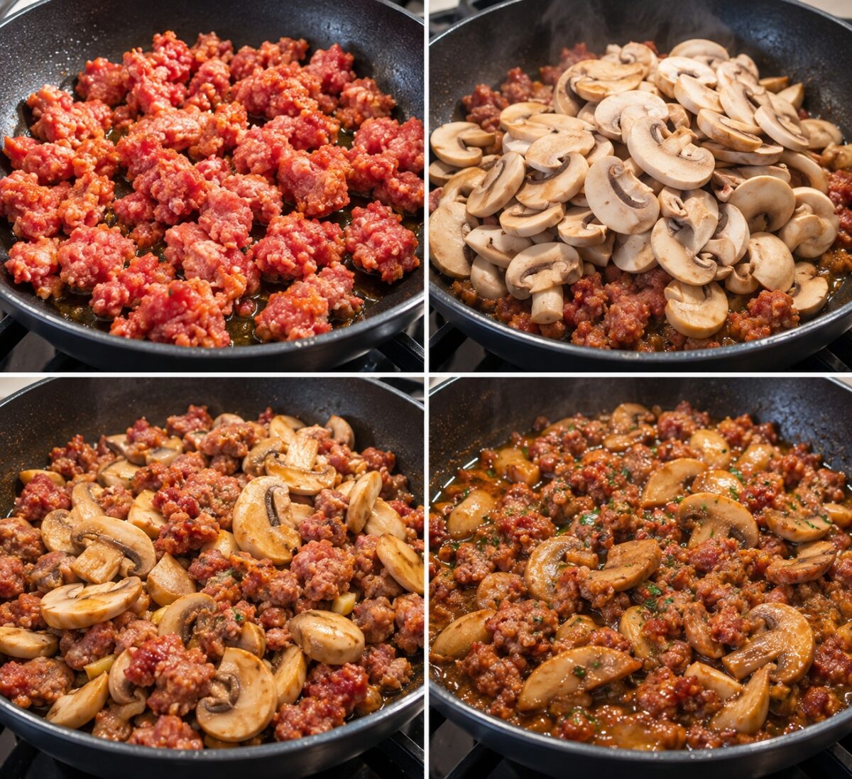 Ragù bianco con salsiccia e funghi in cottura