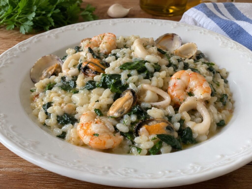 Risotto ai frutti di mare e spinaci fatto in casa, servito in un piatto bianco