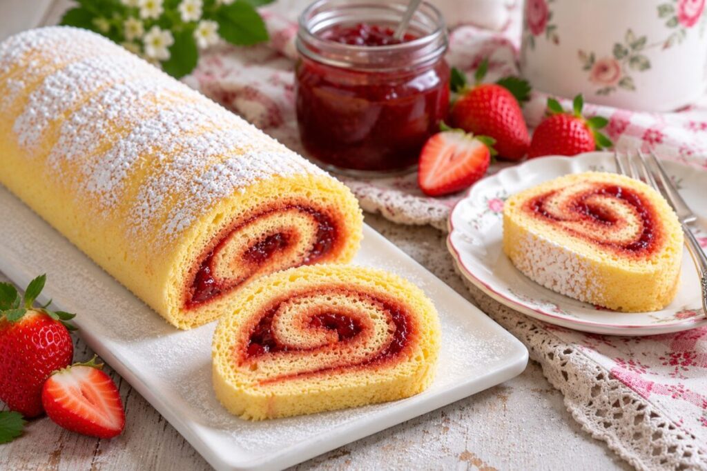 Rotolo alla marmellata con una fetta servita nel piattino e zucchero a velo