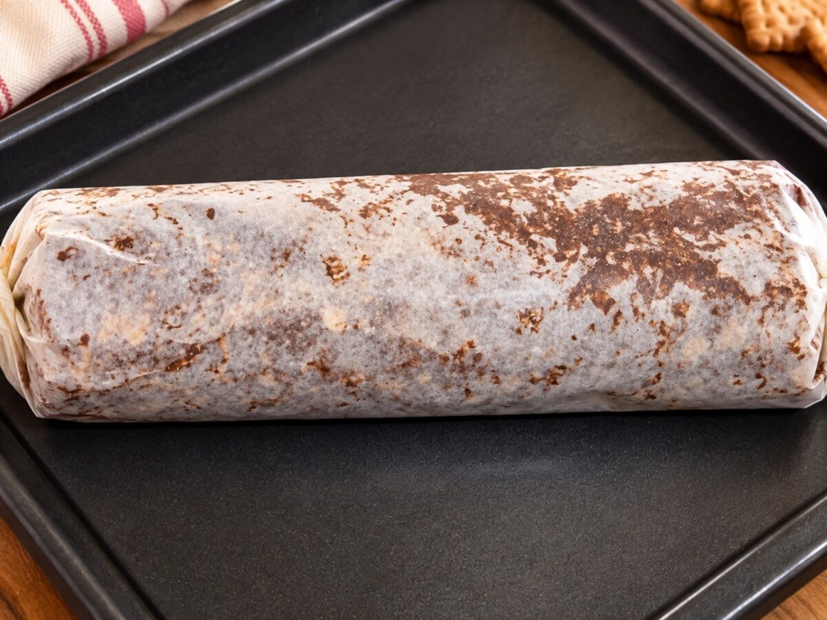 Salame dolce al cioccolato modellato a cilindro e avvolto nella carta da forno prima del riposo in frigorifero
