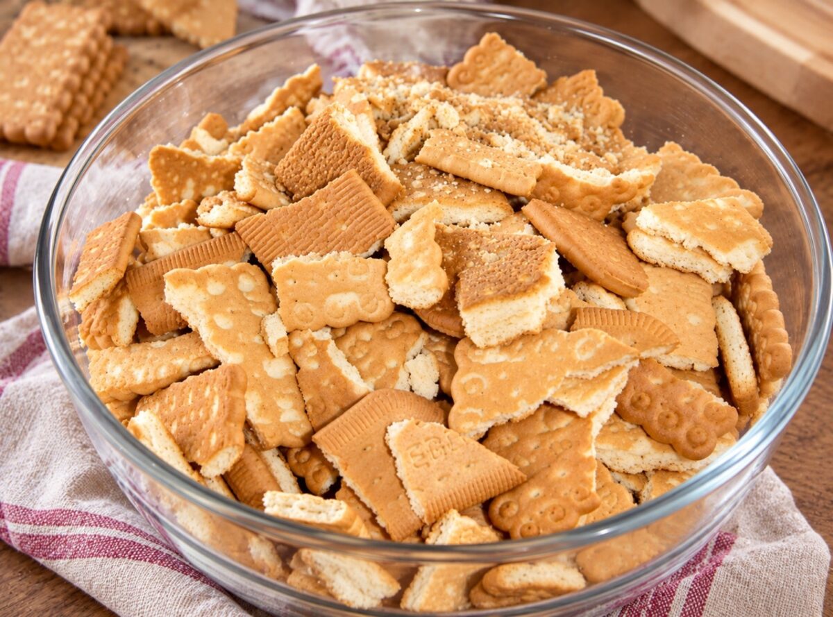 Biscotti secchi spezzettati grossolanamente in una ciotola di vetro per il salame dolce