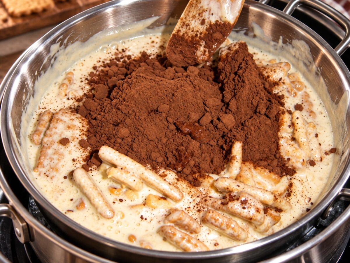 Biscotti nel composto al bagnomaria con cacao amaro in polvere da amalgamare