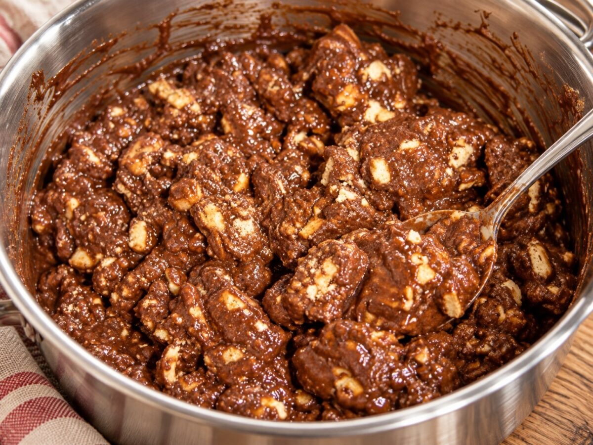 Composto al cioccolato con biscotti e frutta secca mescolato nella pentola