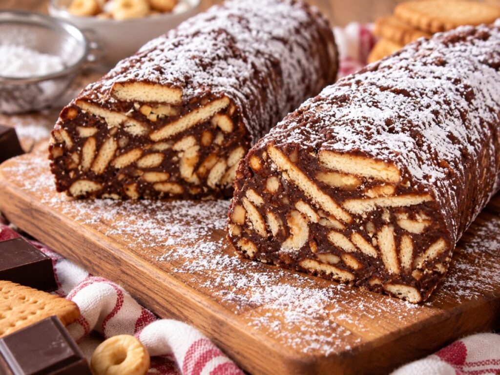 Salame dolce al cioccolato con biscotti, mandorle e nocciole