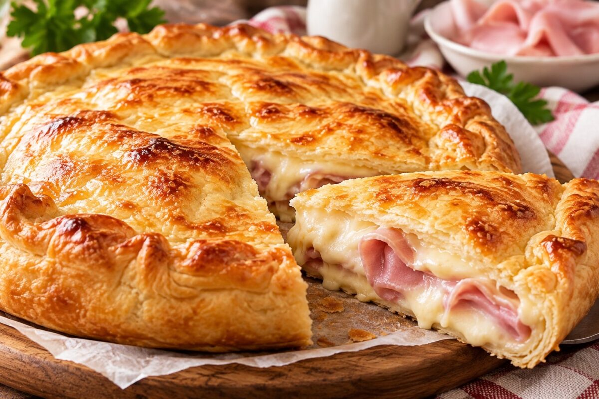 Fetta di torta rustica con besciamella fatta in casa, prosciutto cotto e provola filante