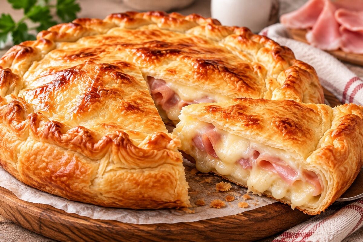 Torta rustica con besciamella fatta in casa, prosciutto cotto e provola, dorata e tagliata a fette