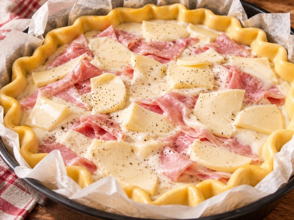 Ripieno della torta rustica con besciamella, prosciutto cotto e provola prima di chiuderla